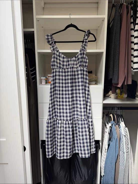 Hem & Thread Dresses & Skirts - Hem & Thread Navy and White Gingham Ruffle-Shoulder Midi Dress